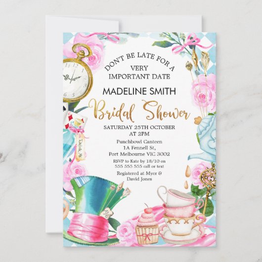Wees niet te laat in Wonderland Bridal Shower Invi Kaart (Voorkant)