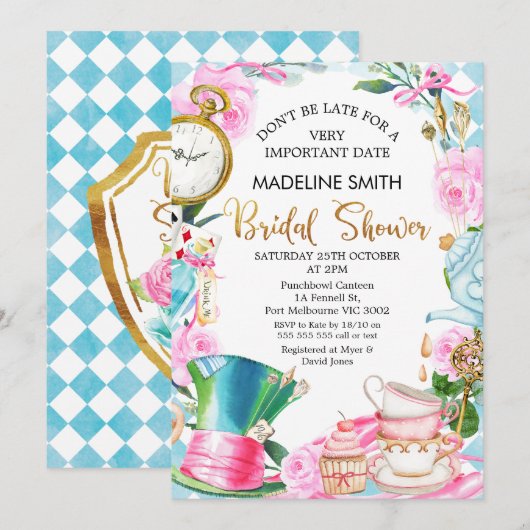 Wees niet te laat in Wonderland Bridal Shower Invi Kaart (Voorkant / Achterkant)