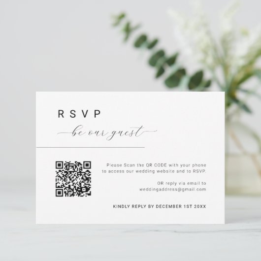 Wees ons gastenscript Eenvoudige Minimale QR-code RSVP Kaartje (Staand voorkant)