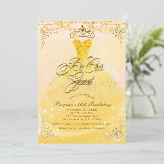 Wees onze Gast Prinses Geel & Goud Sweet 16 Party Kaart (Staand voorkant)