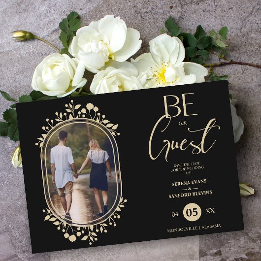 Wees onze gast Zwart Trouwen Chic Bloemen Lijst Fo Save The Date
