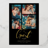 Wees onze zwarte Fancy collage bruiloft 4 foto's Folie Uitnodiging (Voorkant)
