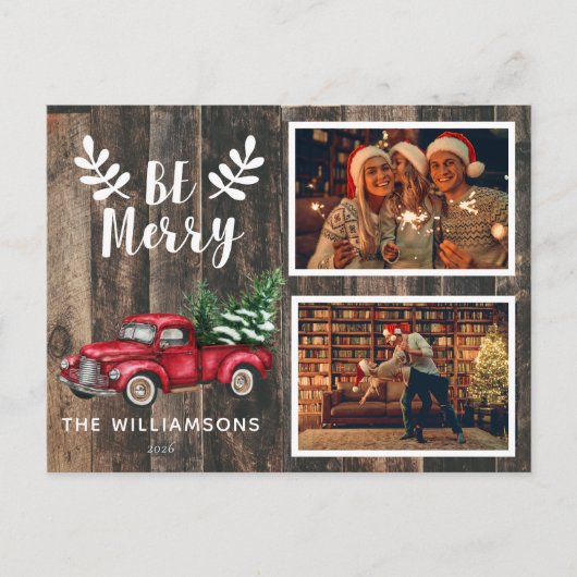 Wees prettig kerstfeest Red Truck 2 Foto Feestdagenkaart (Voorkant)