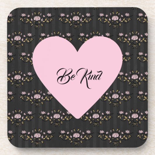 Wees roze hart op kleine Rozen en zwarte strepen Bier Onderzetter (Voorkant)