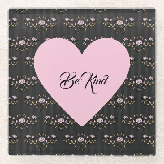 Wees roze hart op kleine Rozen en zwarte strepen Glazen Onderzetter (Voorkant)