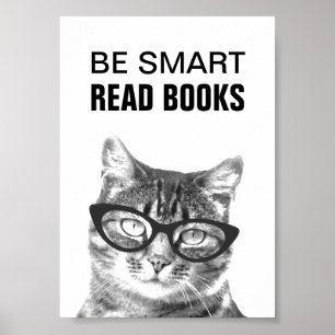 Wees slim lees boeken poster met grappige kattenfo