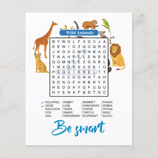 Wees Slim – Woordzoeken Wilde Dieren Flyer (Voorkant)