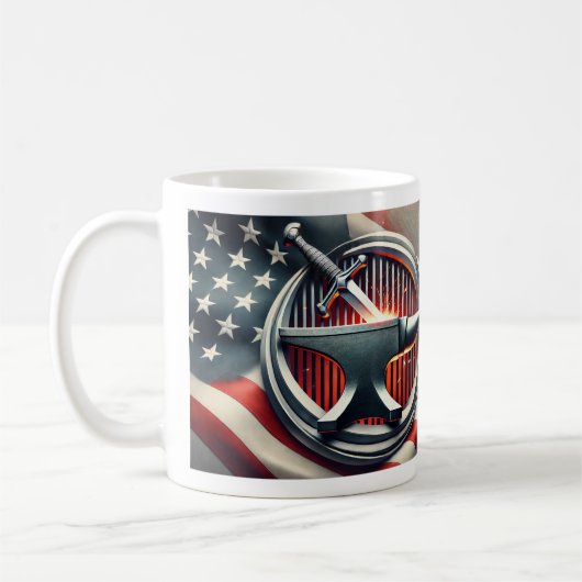 Wees sterk en moedig. Zwaard in smederij. Koffiemok (Links)