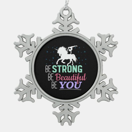 Wees sterk en mooi - Gymnastiek Eenhoorn Tin Sneeuwvlok Ornament (Voorkant)