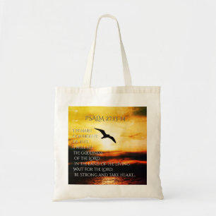 Wees sterk en neem hart, psalm 27 Bijbelverse Tote Bag