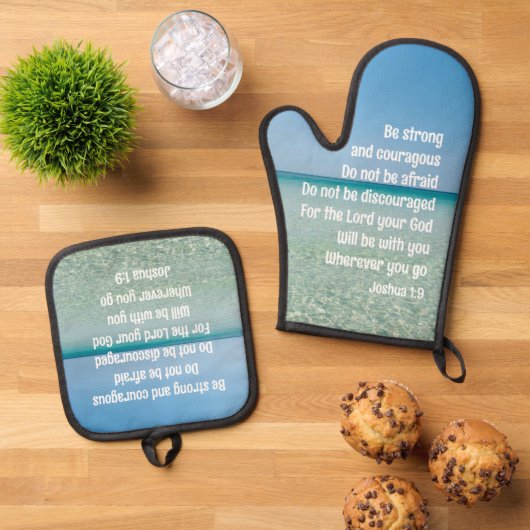 Wees sterk Inspirerend Bible Verse Beach Ovenwant & Pannenlap Set (Top down)