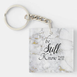 "Wees stil en ken" Bijbel Verse White Gold Marble Sleutelhanger