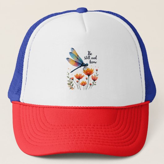 Wees stil en ken Floral Dragonfly Christelijk Summ Trucker Pet (Voorkant)