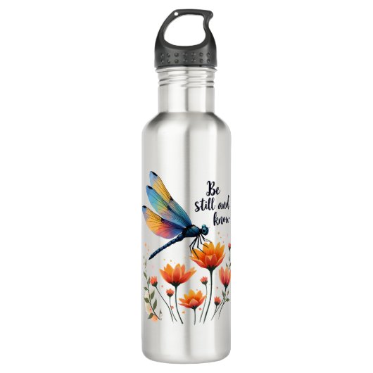 Wees stil en ken Floral Dragonfly Christelijk Summ Waterfles (Voorkant)