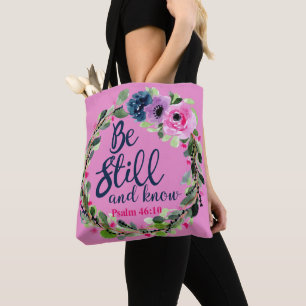 Wees stil en ken roze bijbelse bijbel tote bag