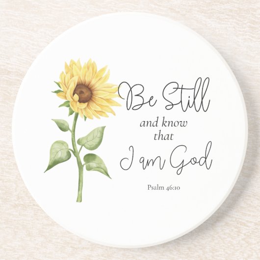 Wees stil en weet dat ik God Zonnebloem ben Zandsteen Onderzetter (Voorkant)
