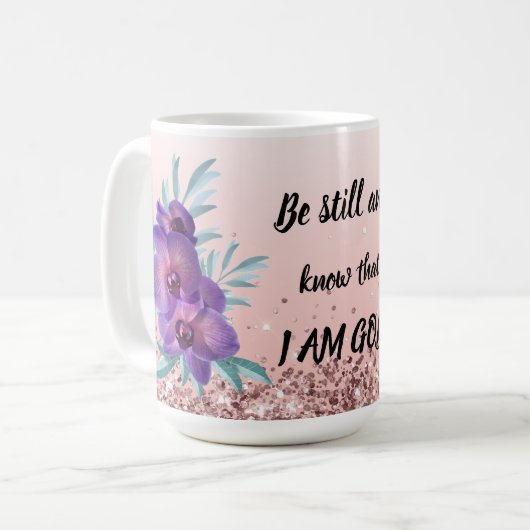 Wees stil & weet dat ik God ben - Bloemen Mok (Voorkant links)