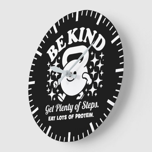 Wees vriendelijk, krijg stappen, eet eiwitten, gra grote klok (Hoek)