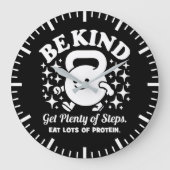Wees vriendelijk, krijg stappen, eet eiwitten, gra grote klok (Voorkant)