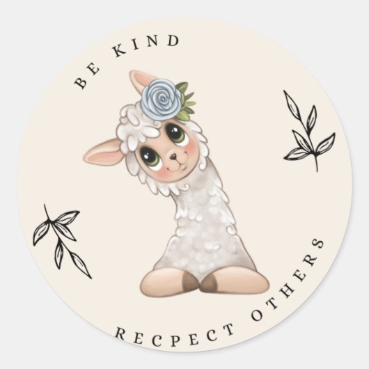 WEES VRIENDELIJK RESPECT VOOR ANDEREN LAMA RONDE STICKER (Voorkant)