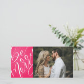 Wees vriendelijk, roze, moderne kerstfoto feestdagenkaart (Staand voorkant)