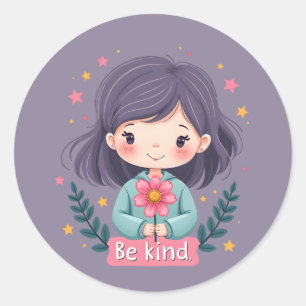 Wees vriendelijk Schattige meisje met bloemenposit Ronde Sticker