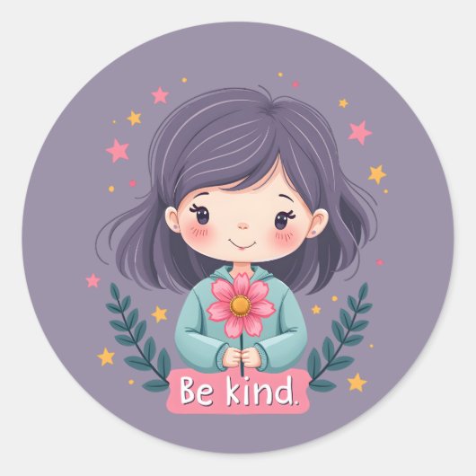 Wees vriendelijk Schattige meisje met bloemenposit Ronde Sticker (Voorkant)