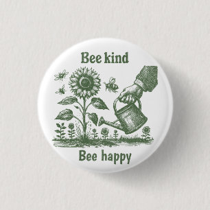 Wees Vriendelijk Wees Gelukkig Zonnebloem Tuiniere Ronde Button 3,2 Cm
