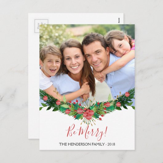 Wees vrolijk! en Garland Script Photo Card Feestdagenkaart (Voorkant / Achterkant)