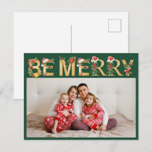 Wees vrolijk Kerstmis groene gouden letters famili Feestdagenkaart