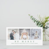 Wees vrolijk | Modern groene Kerst Drie foto's Feestdagenkaart (Staand voorkant)