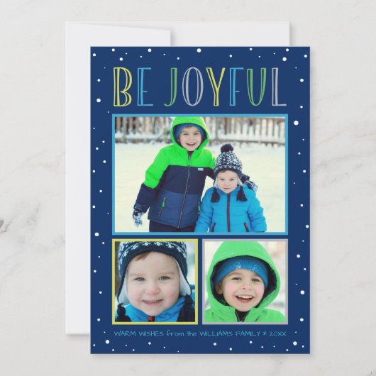 Wees vrolijk modern marineblauw fotocollage feestdagenkaart (Voorkant)