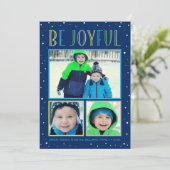 Wees vrolijk modern marineblauw fotocollage feestdagenkaart (Staand voorkant)