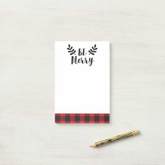 Wees vrolijk Modern Script Buffalo Plaid Post-it® Notes (Op bureau)