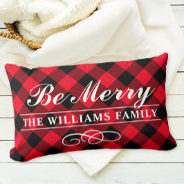 Wees vrolijk Rood Buffalo Plaid Familie Monogram Kussen