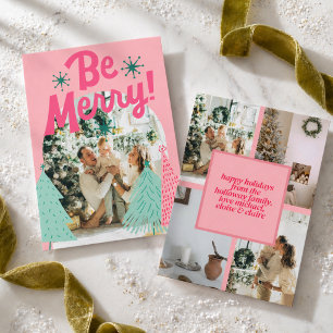 Wees vrolijk roze krabbelboom gebogen fotokaart  feestdagenkaart
