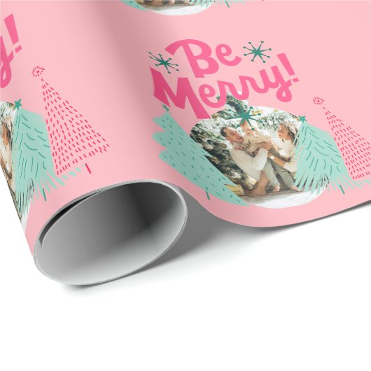 Wees vrolijk roze Scribble Tree Arched Foto Cadeaupapier (Rol Hoek)