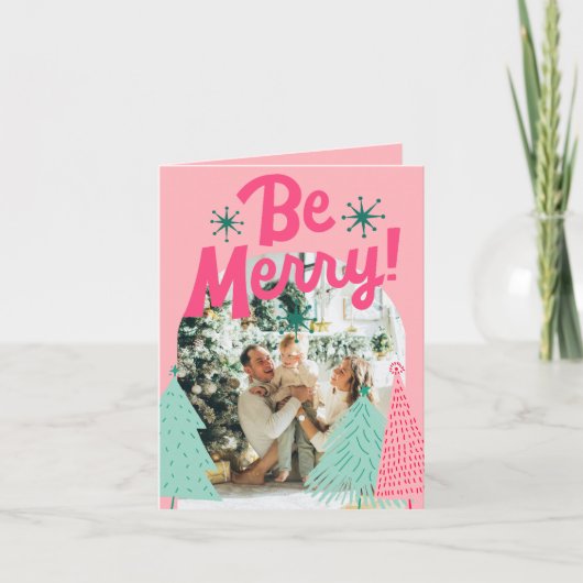 Wees vrolijk roze Scribble Tree Arched Foto Feestdagen Kaart (Voorkant)