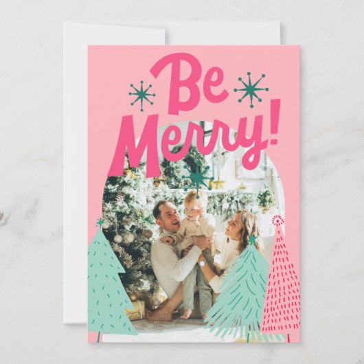 Wees vrolijk roze Scribble Tree Arched Foto Feestdagenkaart (Voorkant)