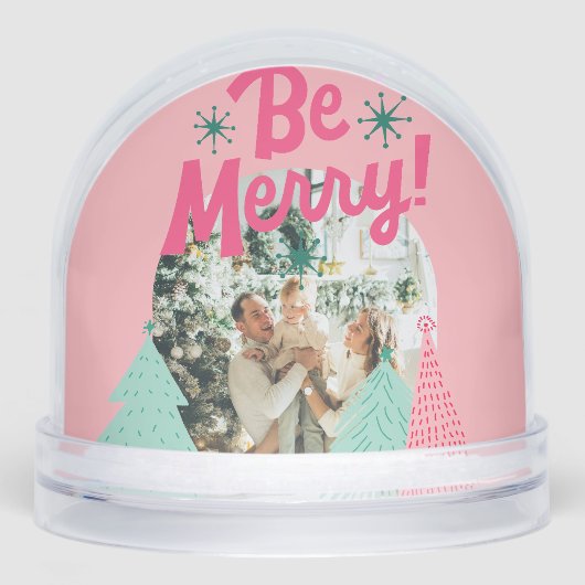 Wees vrolijk roze Scribble Tree Arched Foto Sneeuwbol (Voorkant)