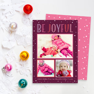 Wees vrolijk roze sneeuwval fotocollage feestdagenkaart