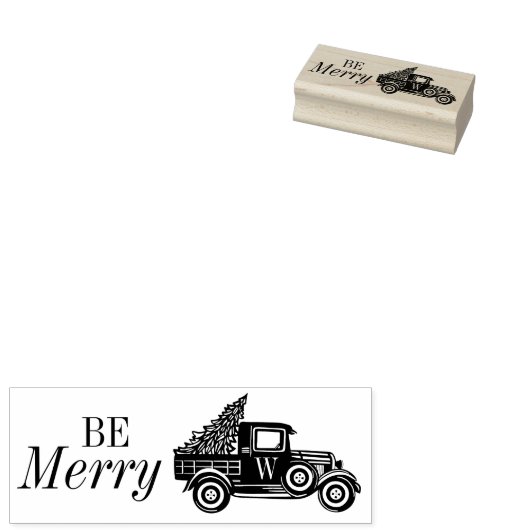 Wees vrolijk |  Vrachtwagen & Kerstboom Monogram Rubberstempel (Gestempeld)