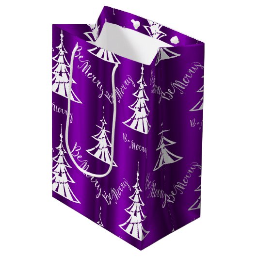 Wees vrolijk witte kerstbomen Paarse Medium Cadeauzakje (Voorkant Gekanteld)