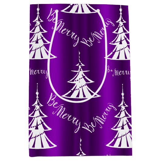Wees vrolijk witte kerstbomen Paarse Medium Cadeauzakje (Voorkant)