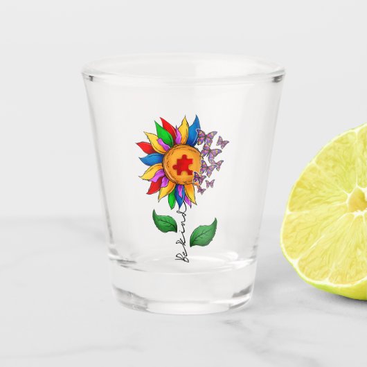 Wees zonnebloem - Autisme Awareness Shot Glas (Voorkant)