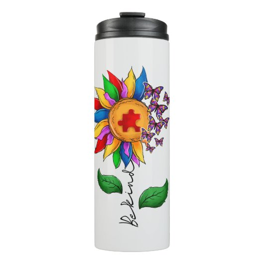 Wees zonnebloem - Autisme Awareness Thermosbeker (Voorkant)