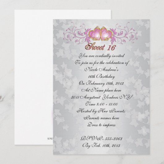 weet 16: Satin-look met roze harten Kaart (Voorkant / Achterkant)