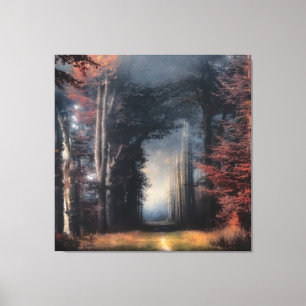 Weg aan licht in een boombos canvas afdruk