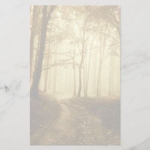 Weg in een donker bos met mist briefpapier