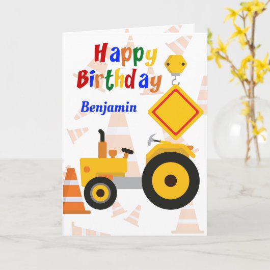 Wegenbouwvoertuig Gelukkige Verjaardag Kaart (Gele Bloem)